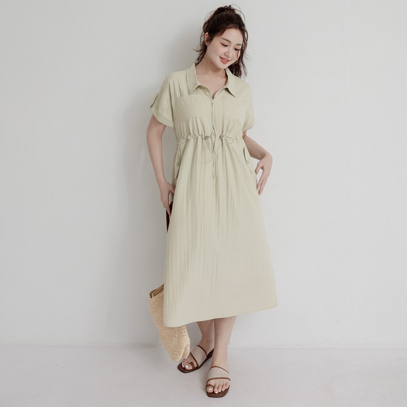 Utility Cargo Pocket Drawstring Cinched Waist Plus Size Maxi Dress