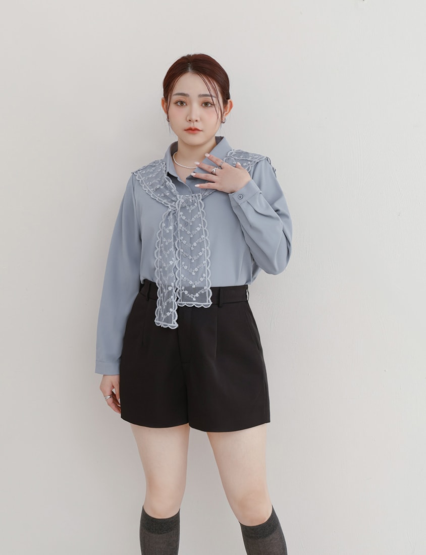 MISS. Two Piece Korean Style Lace Chiffon Plus Size Blouse (With Shawl)