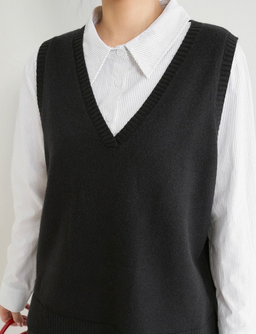 Versatile Multicolor V-Neck Mid-Length Plus Size Knit Vest