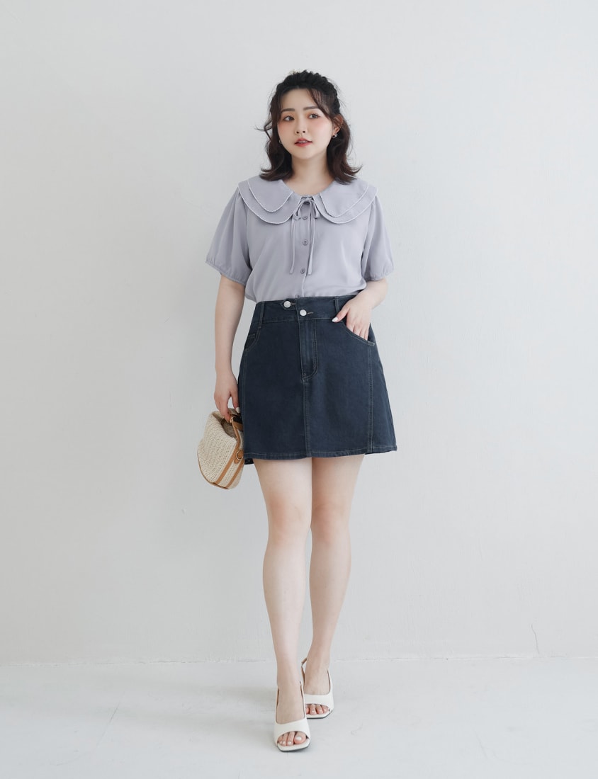 Double Layer Collar Tie Puff Sleeve Plus Size Blouse