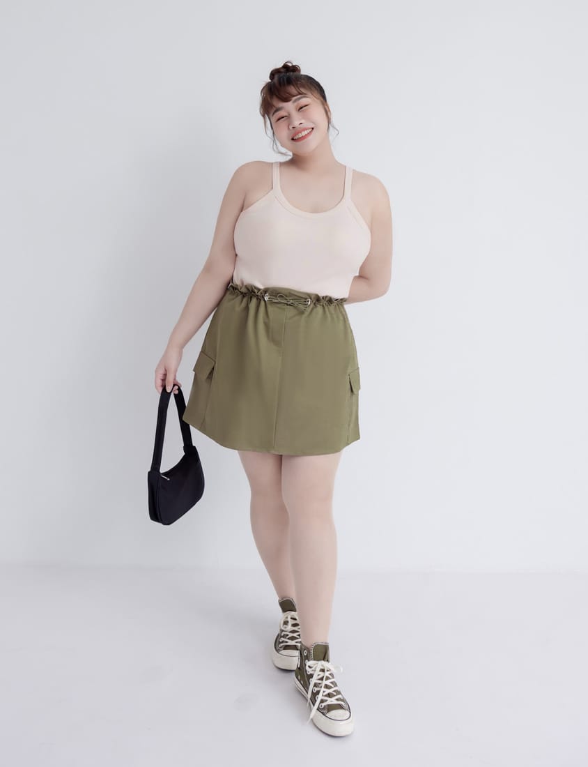 Sweet & Edgy Drawstring Cargo Plus Size Mini Skirt (With Inner Shorts)