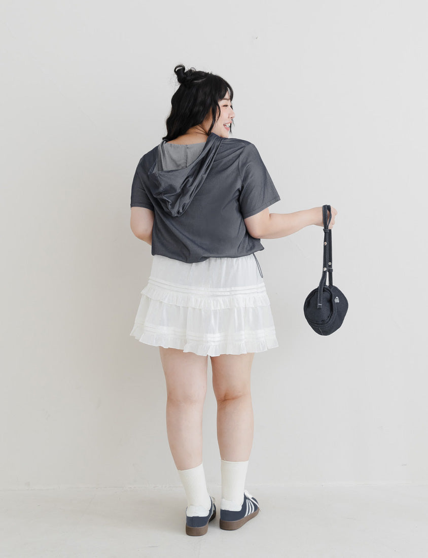 Faux Denim Hoodie Tie-Front Plus Size Short Sleeve Top