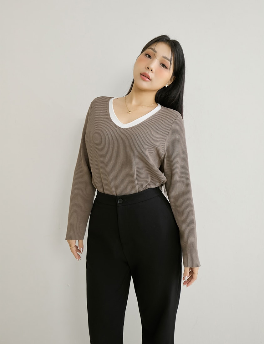 MISS. Faux Two Piece Ribbed Knit Plus Size Long Sleeve Top