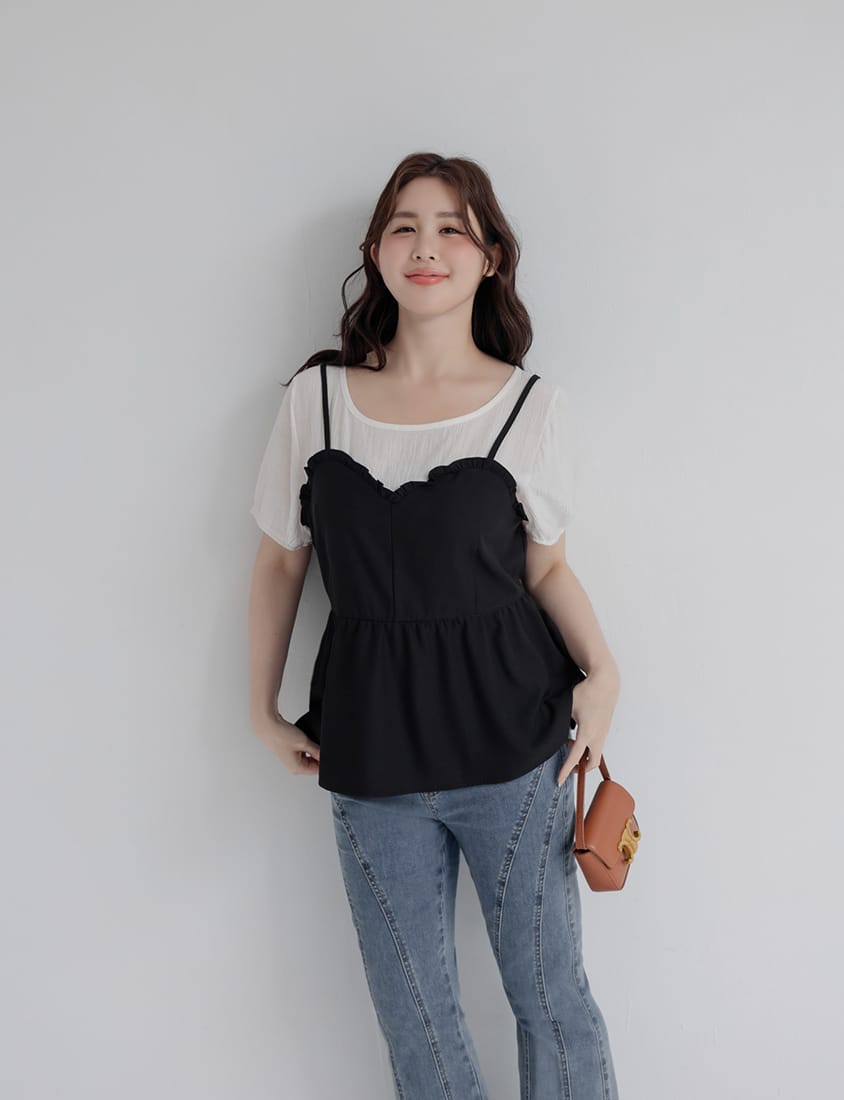 Faux Two-Piece Ruffle-Trim Layered-Look Plus Size Peplum Blouse