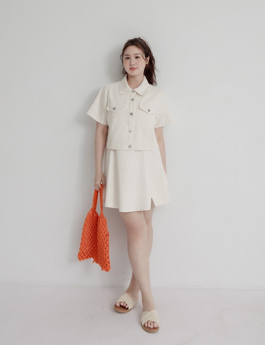 Korean Style Twill Button-Down Plus Size Short Sleeve Jacket
