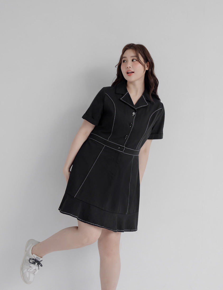 Twill Cuban Collar Cargo Ruffle Hem Plus Size Mini Dress