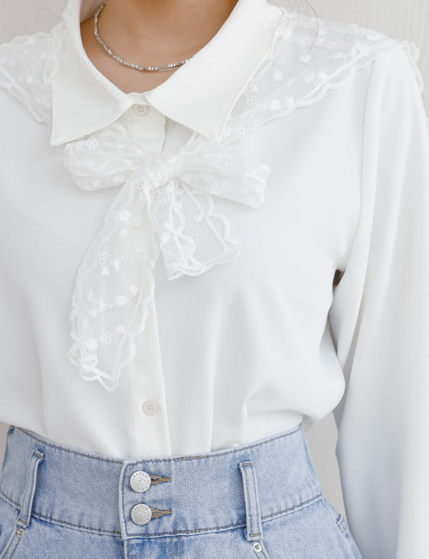 MISS. Two Piece Korean Style Lace Chiffon Plus Size Blouse (With Shawl)