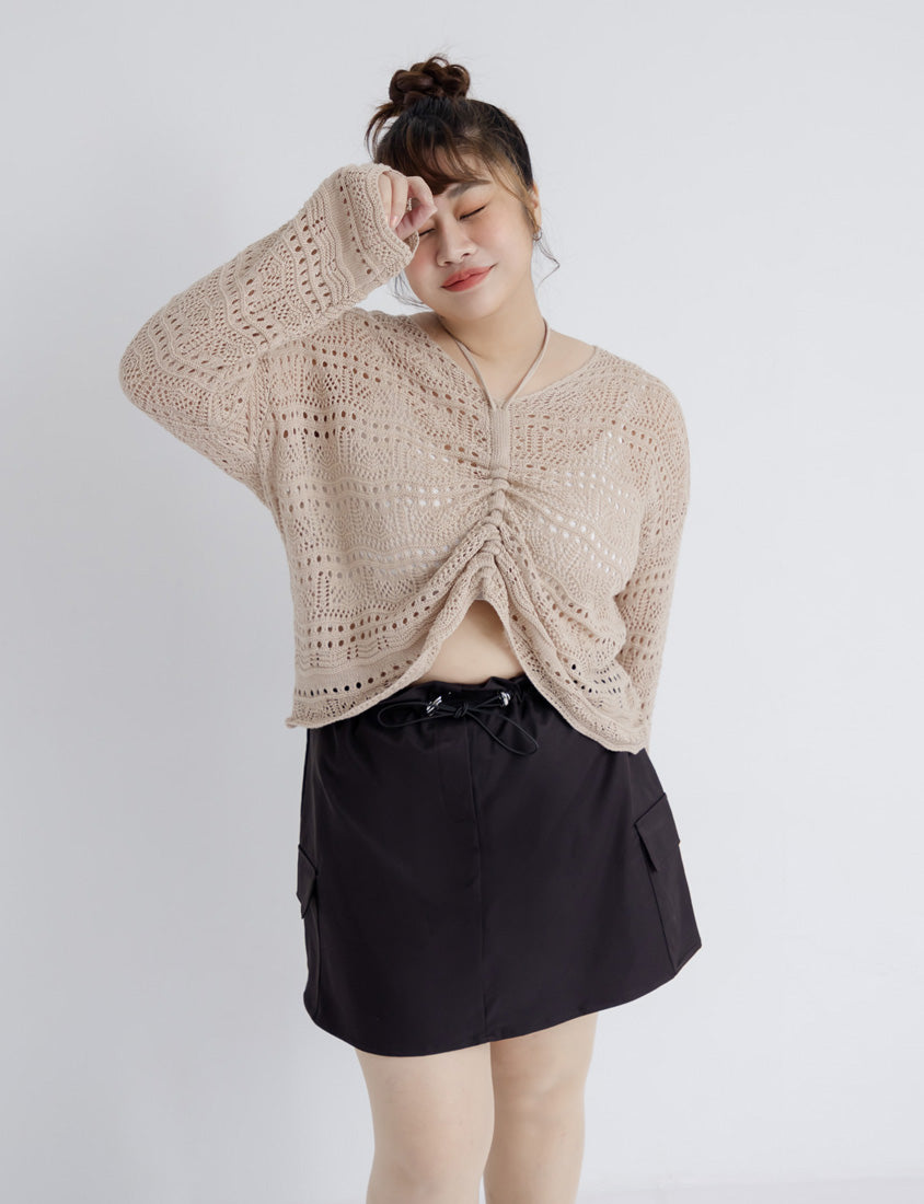 Sweet & Edgy Drawstring Cargo Plus Size Mini Skirt (With Inner Shorts)