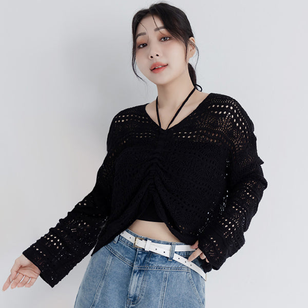Two-Way Front-Tie Drawstring Plus Size Knit Top