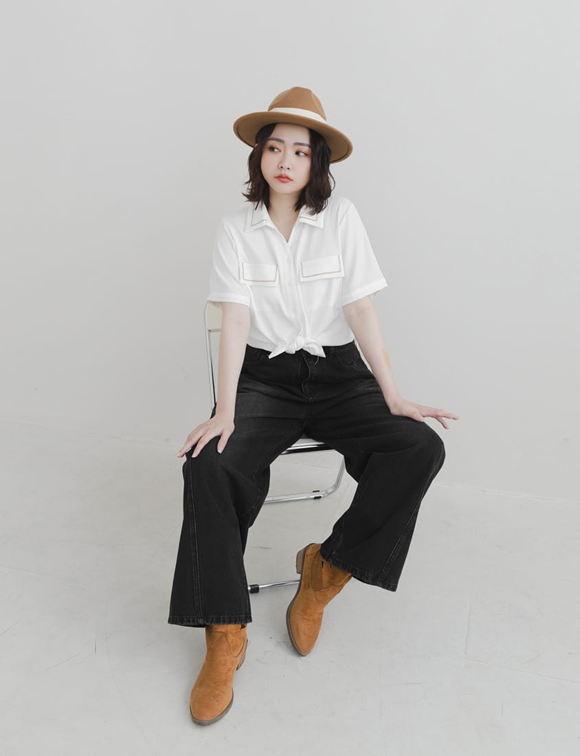 Color-Block Embroidered Pocket Plus-Size Short Sleeve Shirt