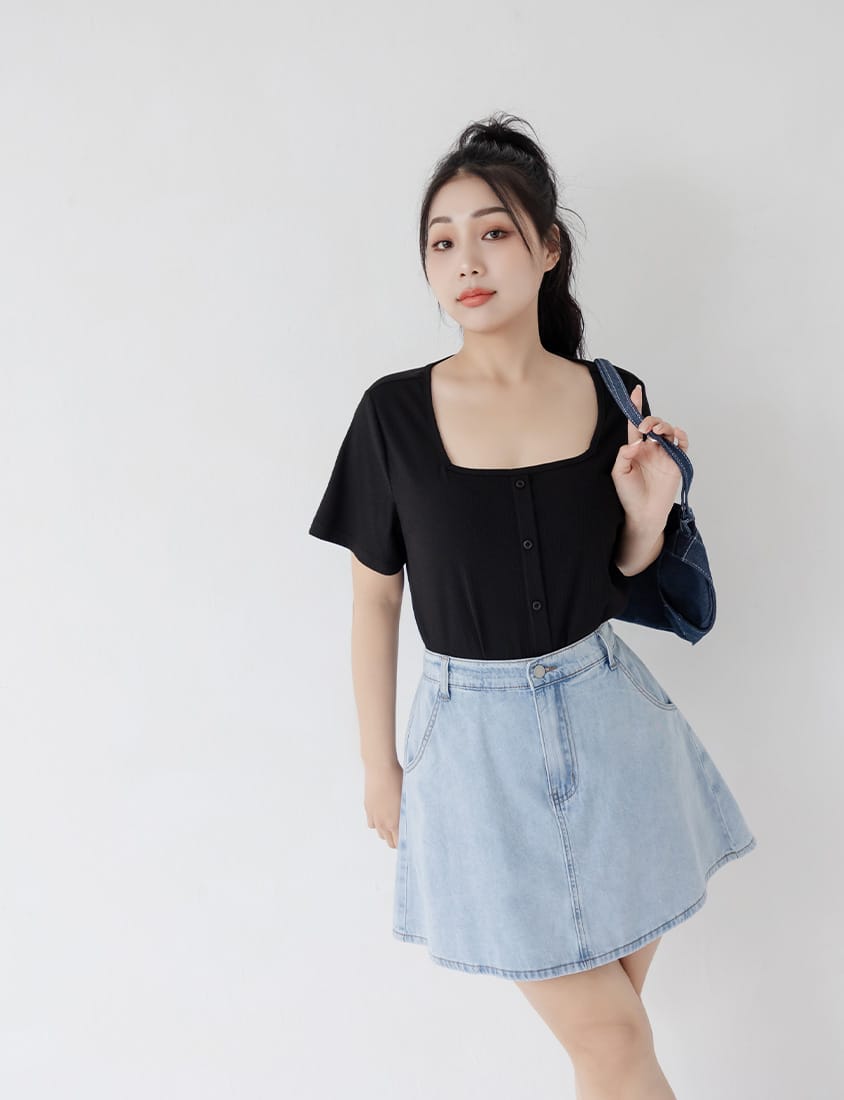Multi-Color Ribbed Square Neck Faux Button Plus Size Top