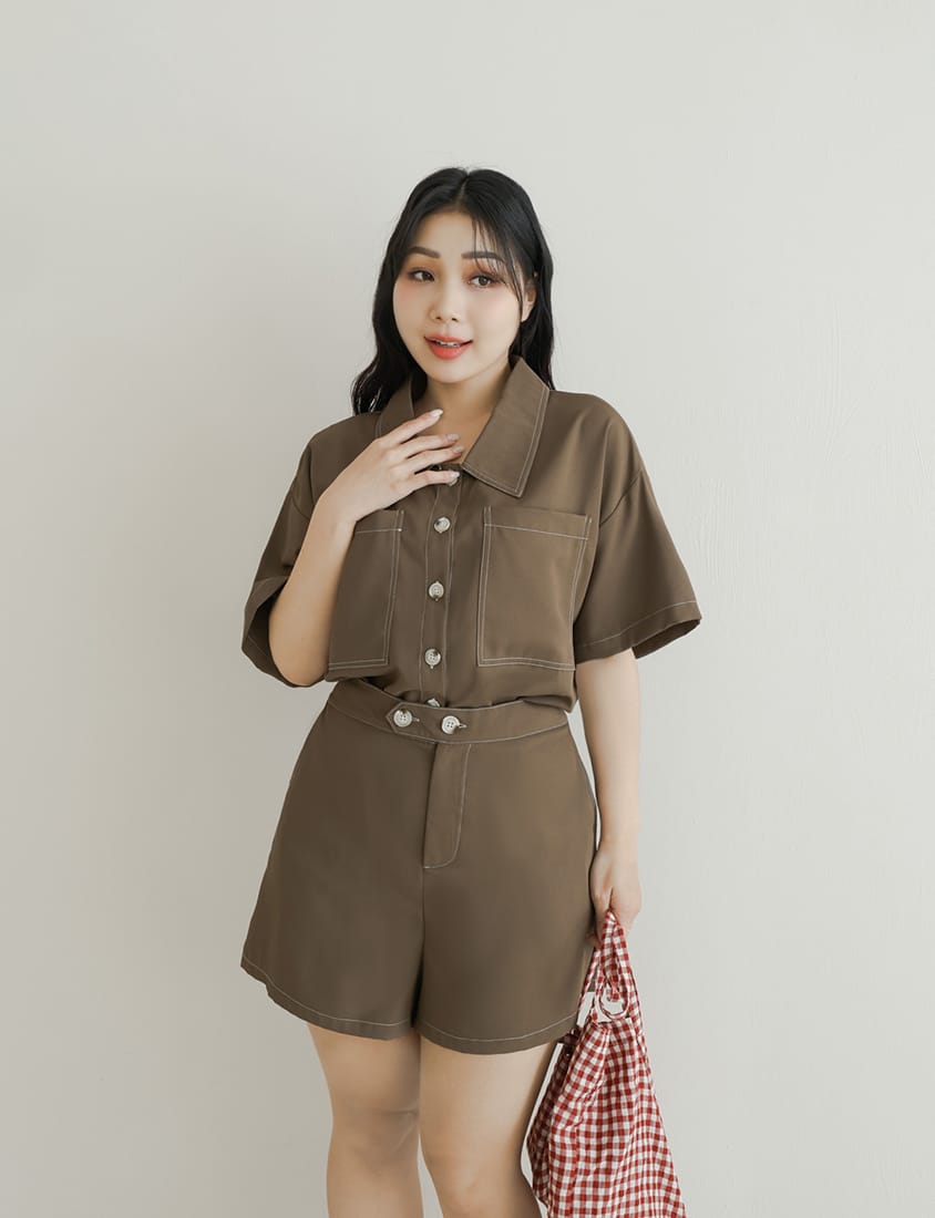 Color-Block Stitching Waistband Twill Plus Size Shorts
