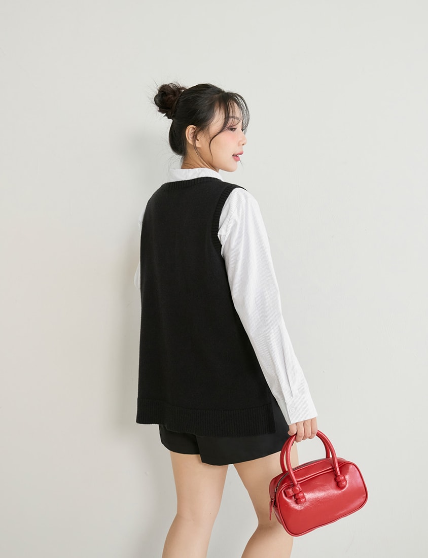 Versatile Multicolor V-Neck Mid-Length Plus Size Knit Vest