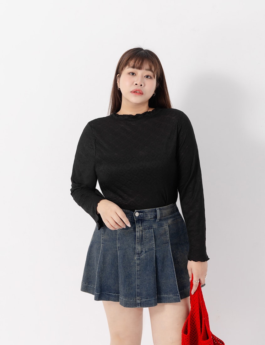 Double-Collar Diamond Lace with Lettuce Edge Plus Size Sheer Top