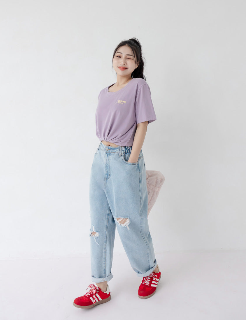 Distressed Side Elastic Waist Plus Size Boyfriend Jeans