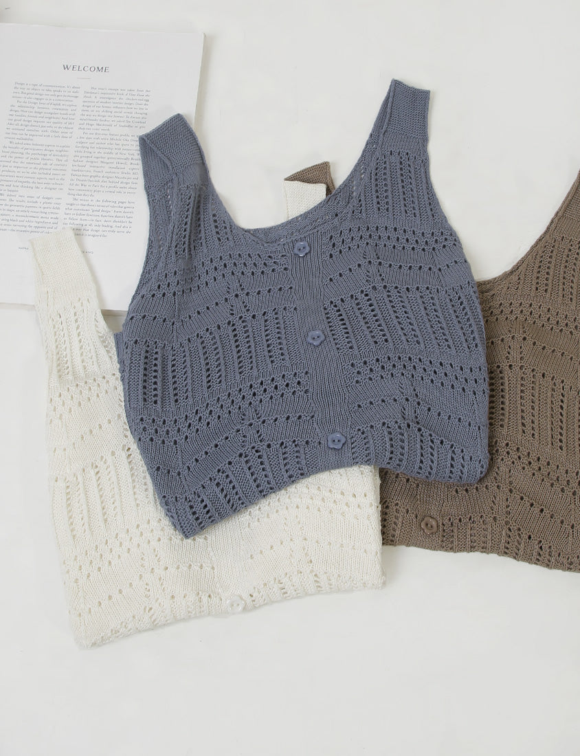 Floral Mock Button Hollow Plus Size Knit Vest