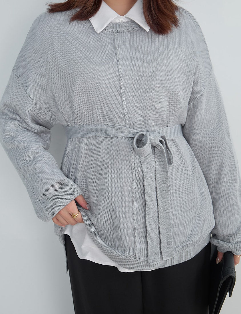 MISS. Korean Sheer Knit Plus Size Long Sleeve Top (with Waist Tie)