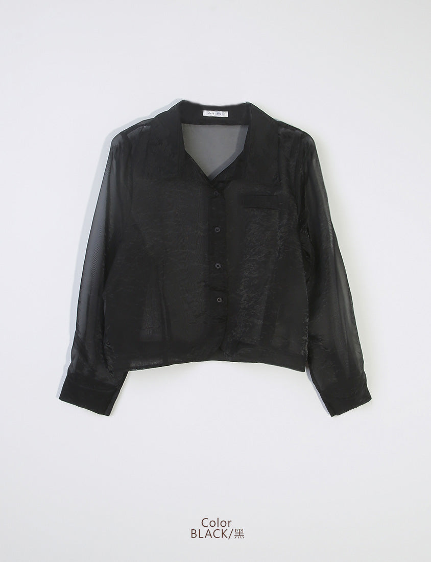 MISS. Faux Pockets Sheer Plus Size Cropped Shirt