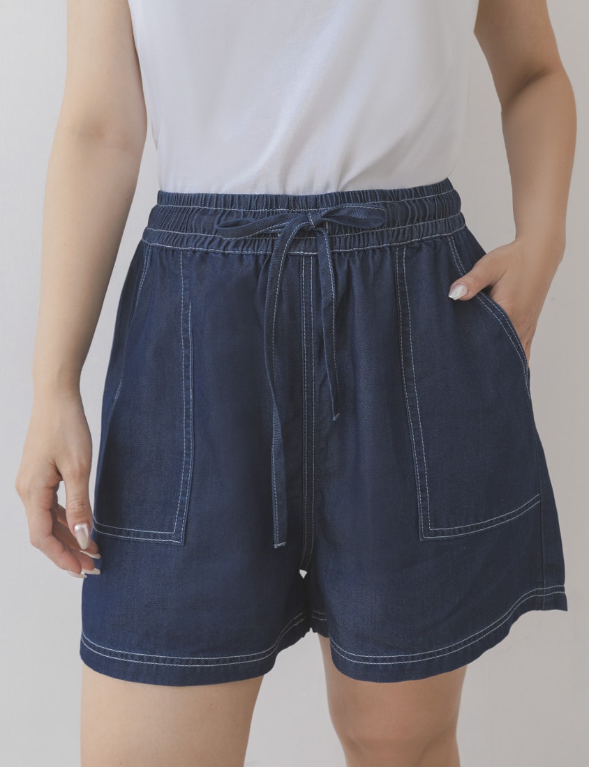 Skin-Friendly Lyocell Silky Denim Contrast Stitch Plus Size Shorts