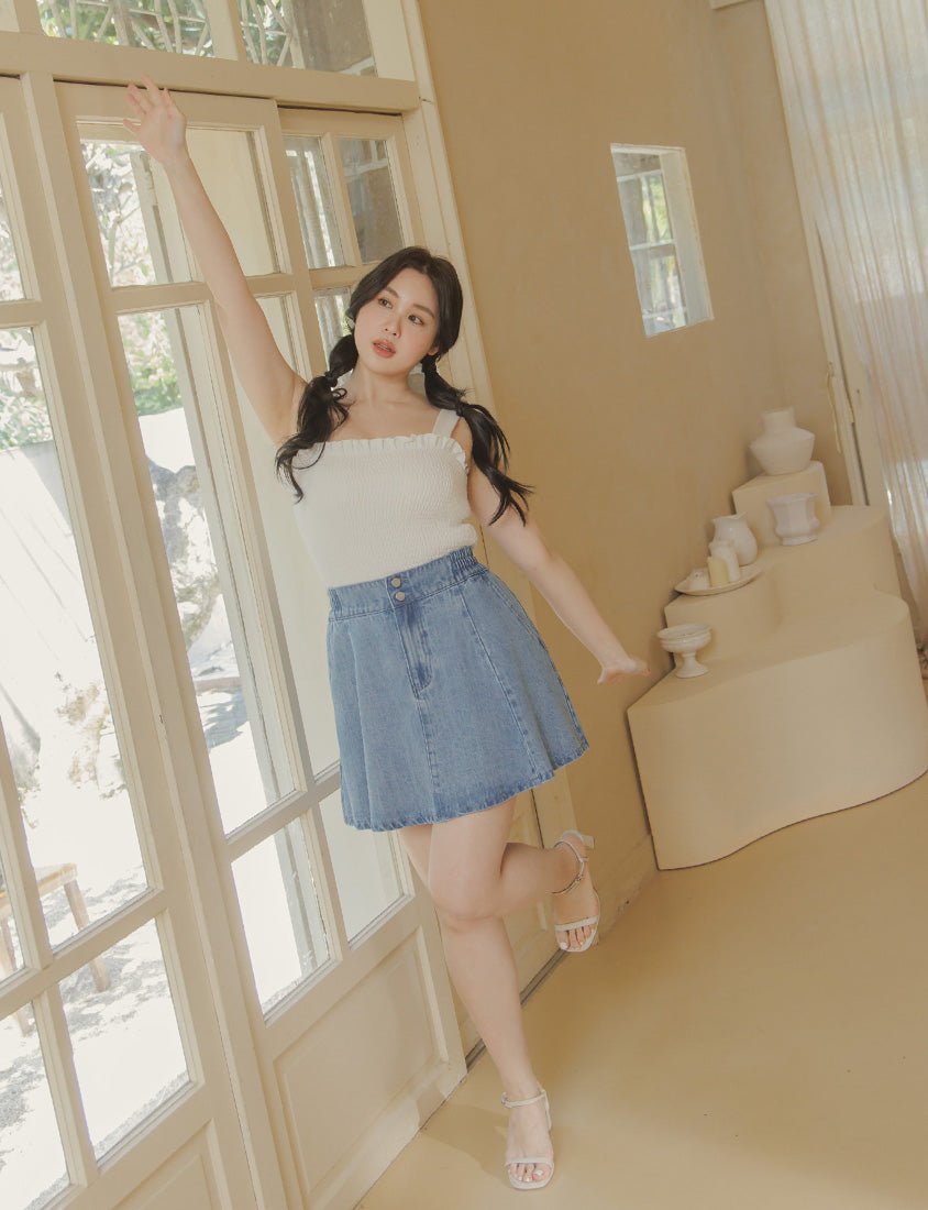 Silky Cool Flare Plus Size Denim Skirt (With Inner Shorts)