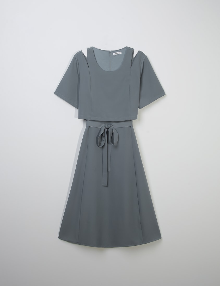 MORE U Wrinkle-Resistant Faux Two-Piece Eyelet Plus Size Dress (with Waist-Tie)