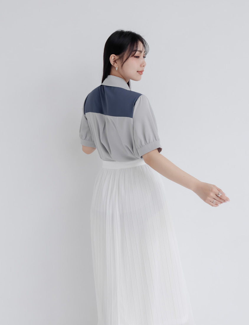 MISS. Faux Two-Piece Color-Block Bow Puff Sleeve Plus Size Blouse
