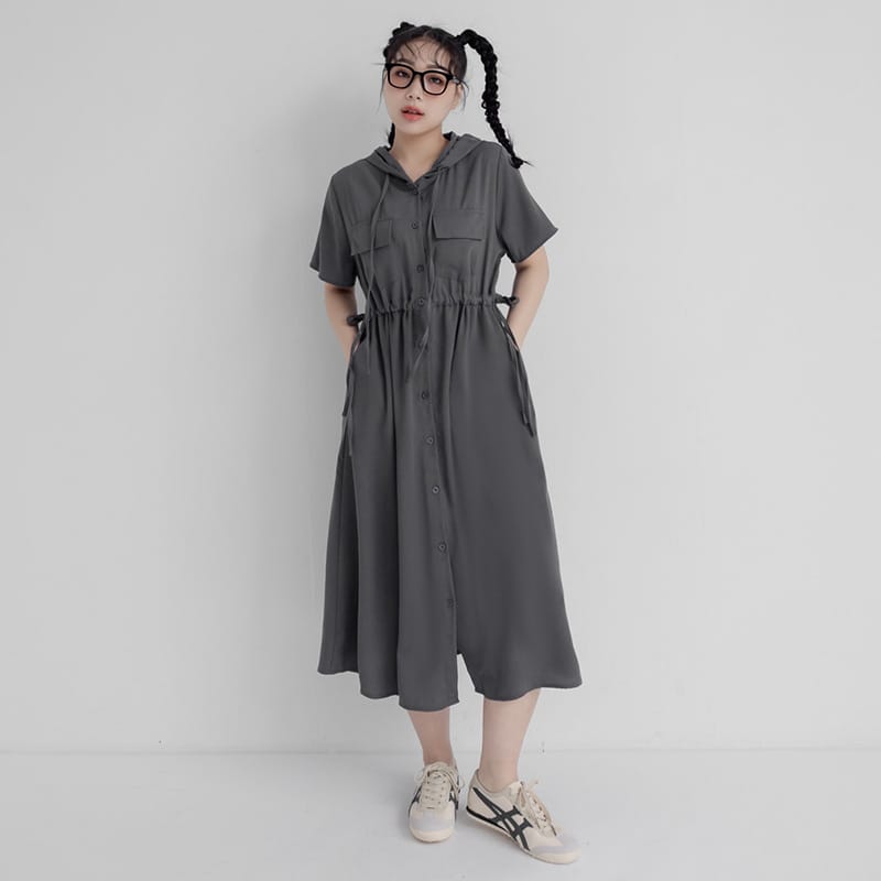 Cargo Hooded Button-Up Plus Size Maxi Dress