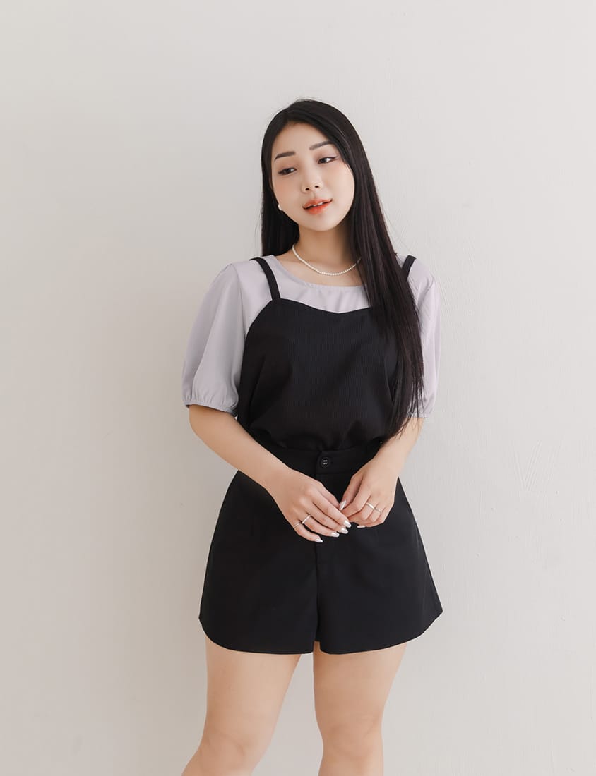 MISS. Faux Two-Piece Textured Puff Sleeve Top