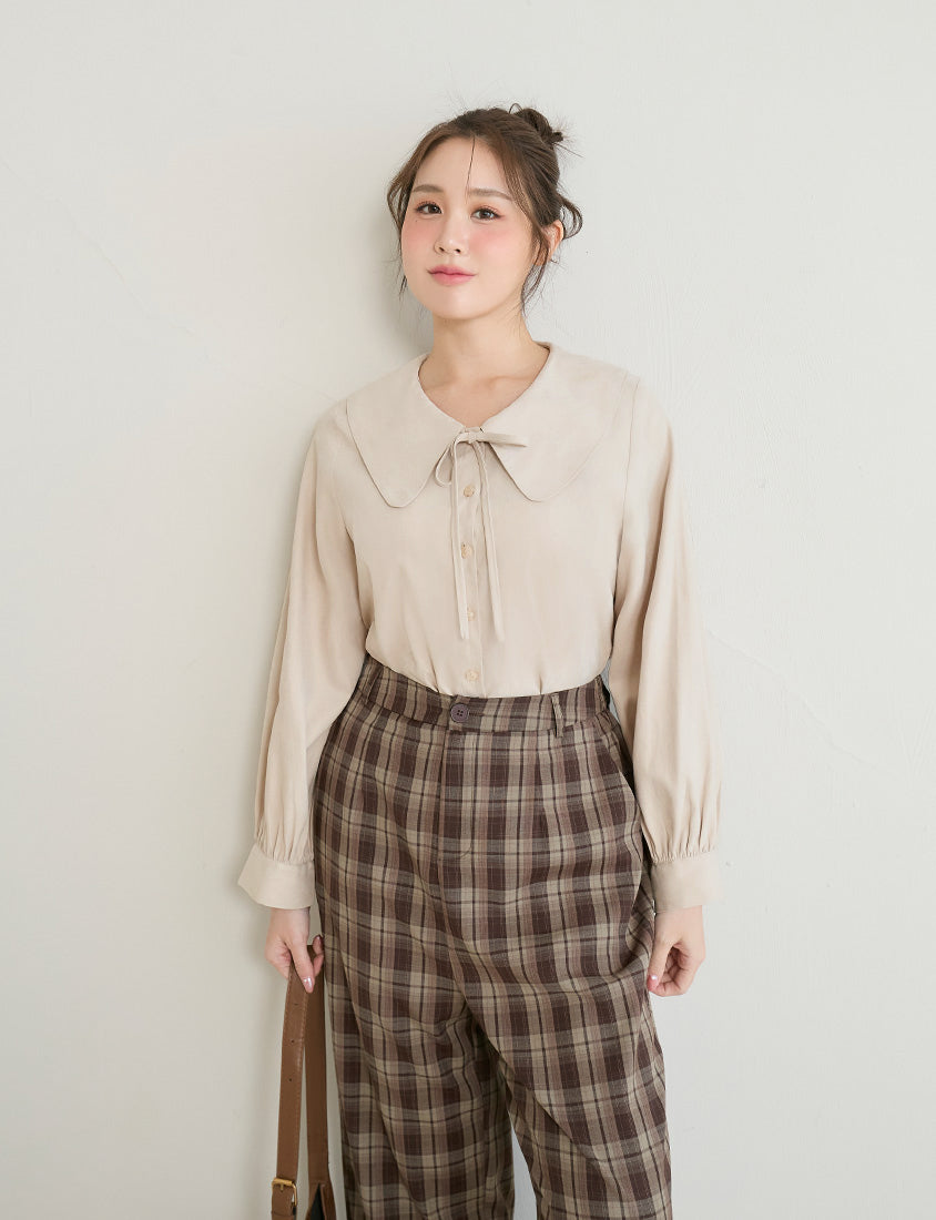Sweet Multicolor Collar Tie Puff Sleeve Plus Size Shirt
