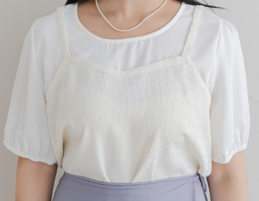 MISS. Faux Two-Piece Textured Puff Sleeve Top