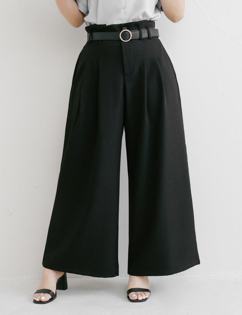 MISS. High-Waisted Bubble Hem Wrinkle-Free Belted Plus Size Wide-Leg Pants