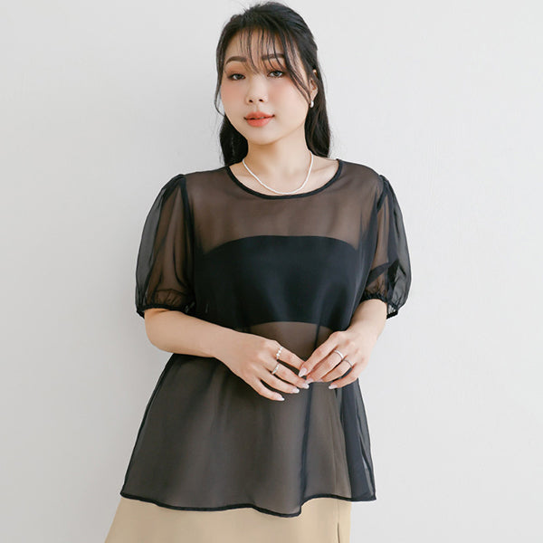 MISS. Sheer Textured Round Neck Puff-Sleeve Plus Size Blouse
