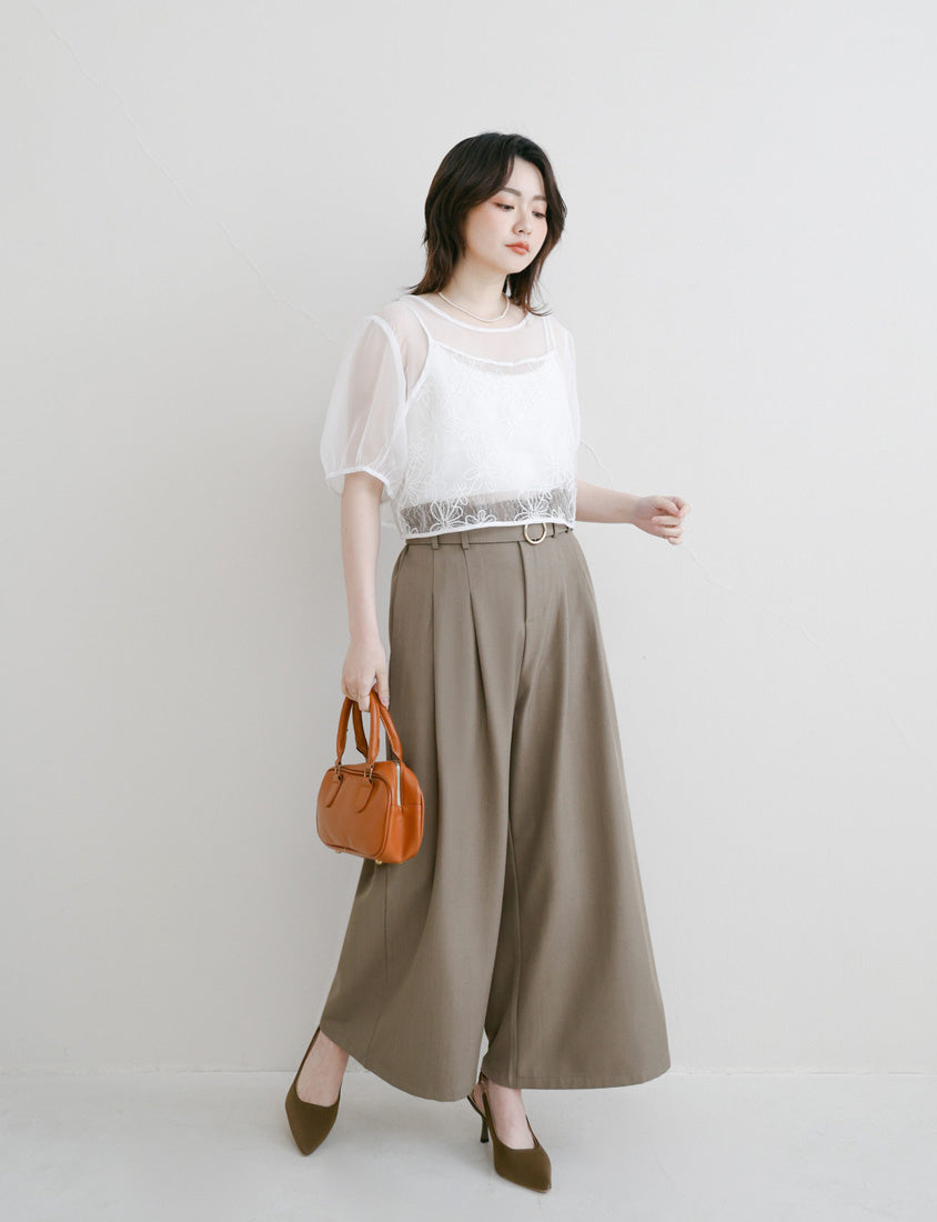 MISS. High-Waisted Bubble Hem Wrinkle-Free Belted Plus Size Wide-Leg Pants