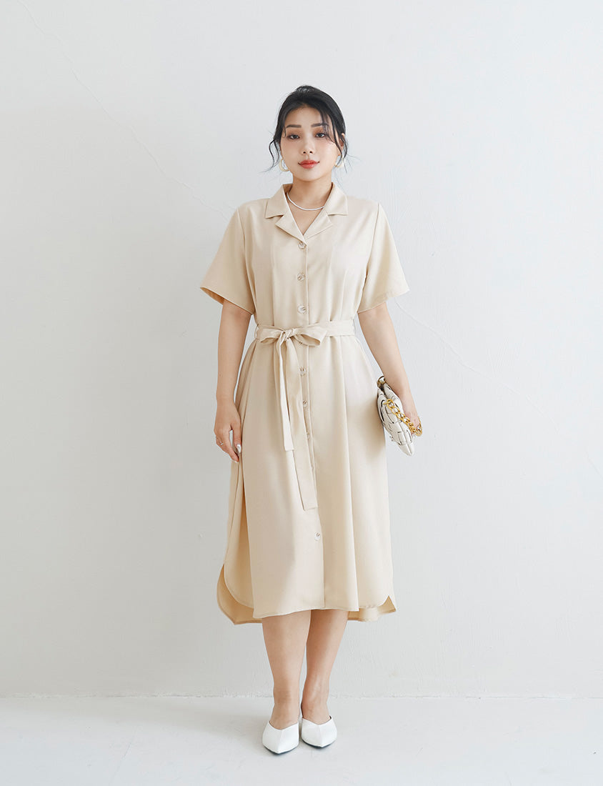 MISS. Cuban Collar Chiffon Button Short Sleeve Dress (with Waist-Tie )