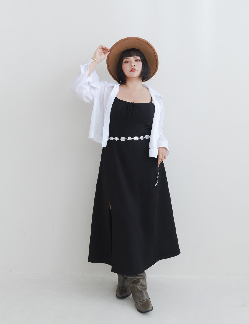 MUA! Space Cotton Adjustable Front Tie Side Slit Plus-Size Dress