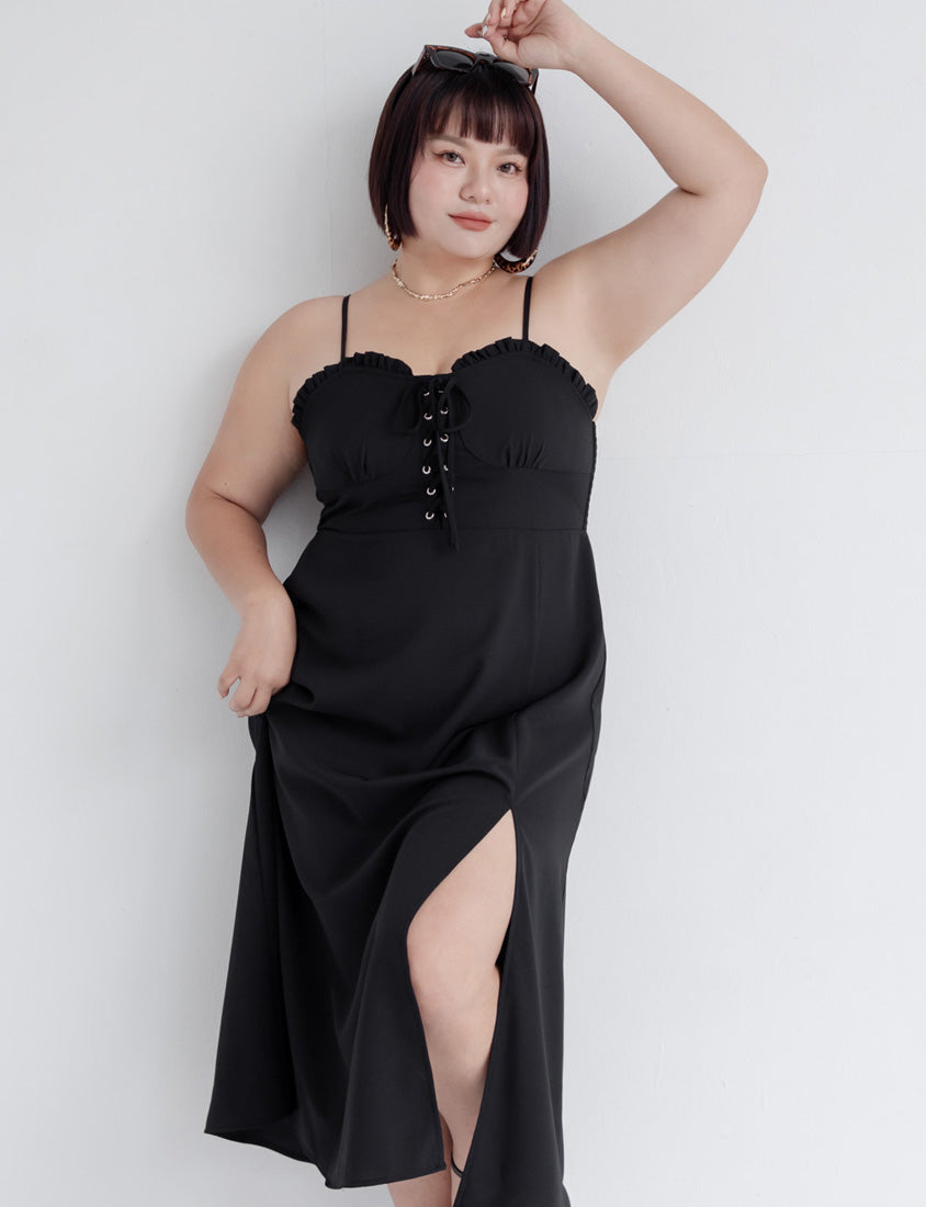 MUA! Ruffle Corset Front Slit Plus Size Maxi Dress