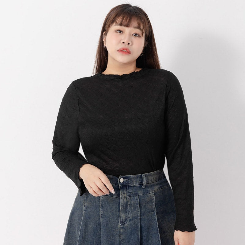 Double-Collar Diamond Lace with Lettuce Edge Plus Size Sheer Top