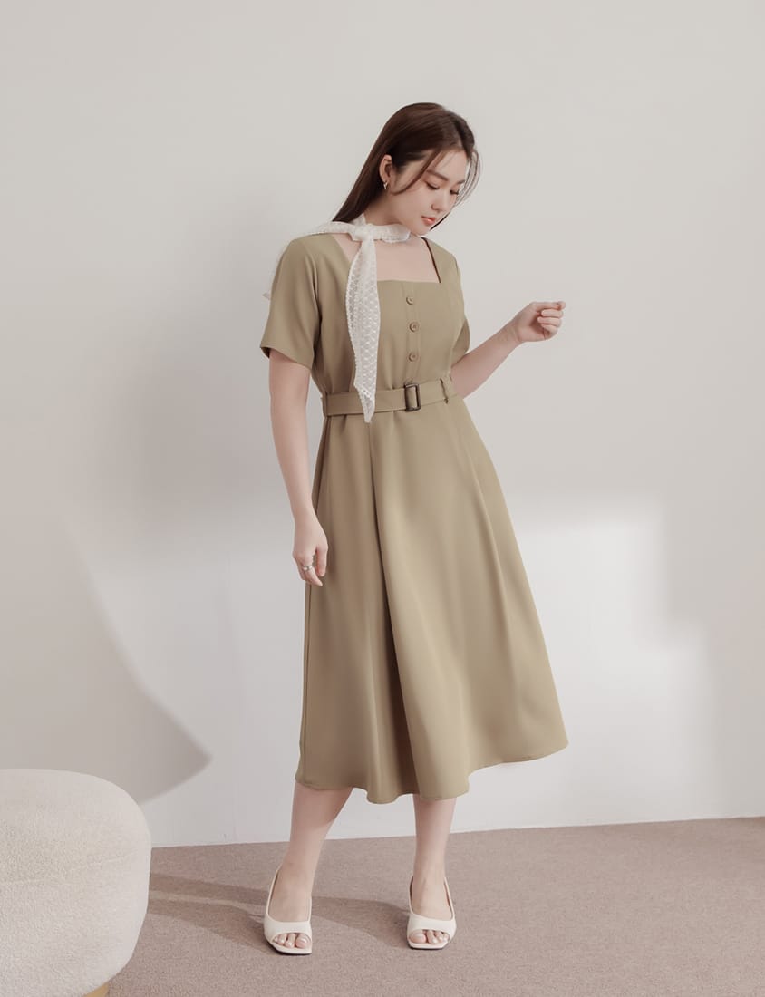 MISS. Square Neck Faux Button Elegant Plus Size Long Dress (With Belt)