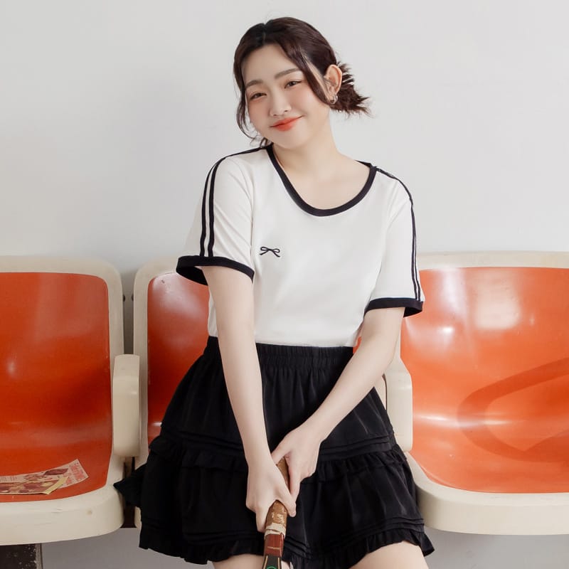 American Style Sporty Bow Embroidery Plus Size Tee