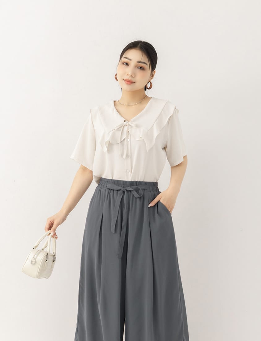 MISS. Heart Buttons Front Tie Ruffle Collar Plus Size Blouse