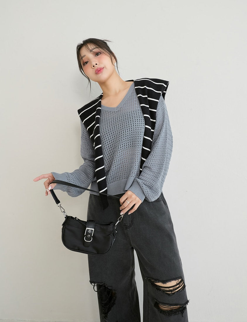 Anti-Pilling V-Neck Eyelet Plus Size Knit Top