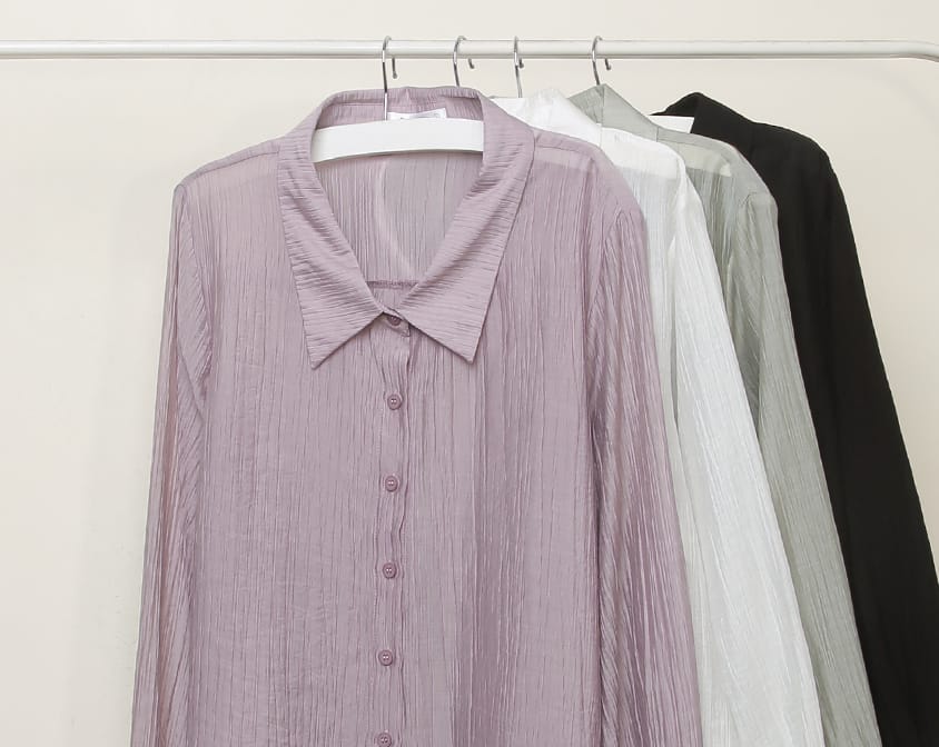 Crinkled Texture Sheer Tie-Back Plus Size Long Sleeve Shirt