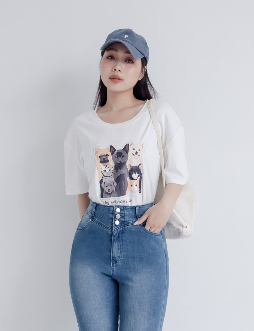 Kitty and Puppy Print Crew Neck Short Sleeve T-shirt