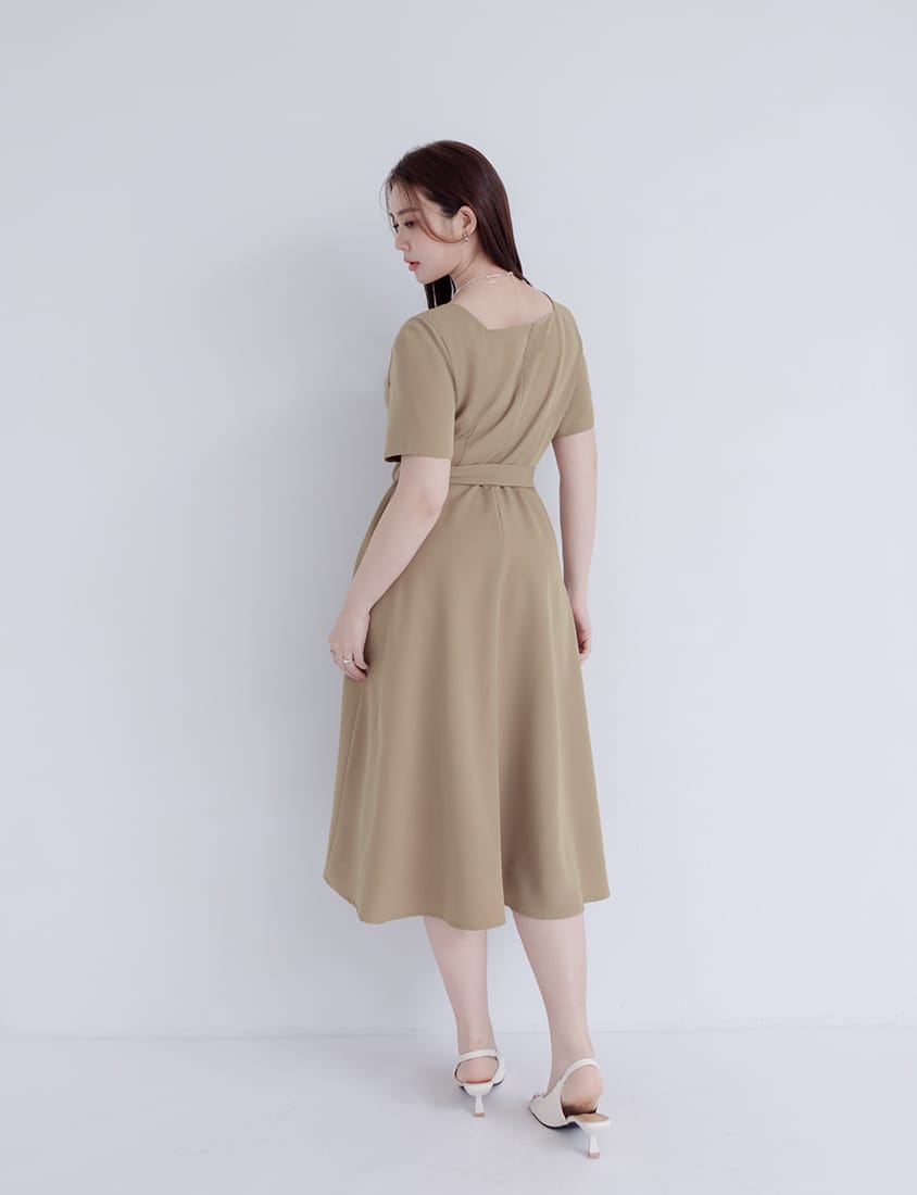 MISS. Square Neck Faux Button Elegant Plus Size Long Dress (With Belt)