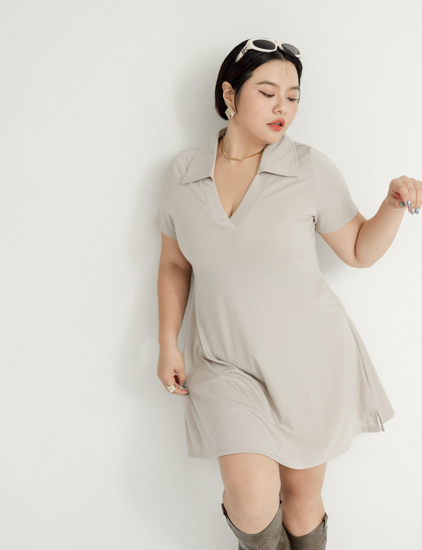 MUA! Chic Notched Collar Twill Plus Size Short Sleeve Dress