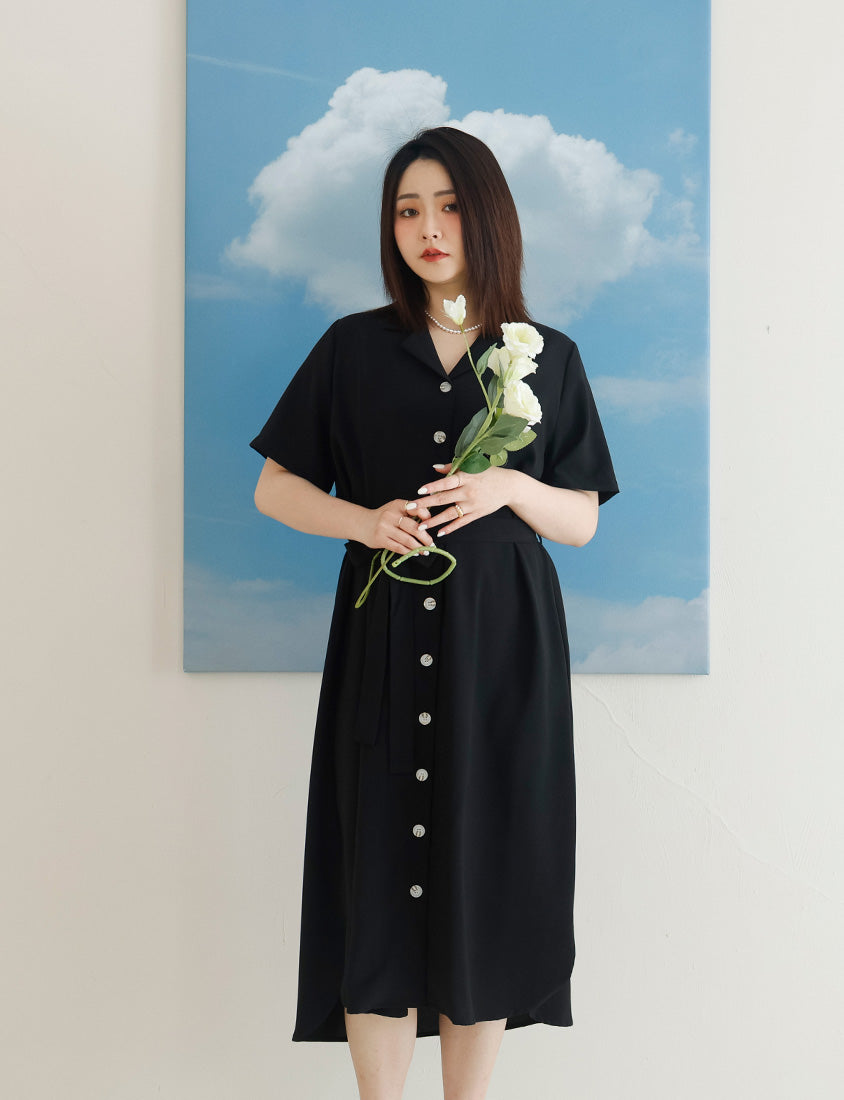 MISS. Cuban Collar Chiffon Button Short Sleeve Dress (with Waist-Tie )