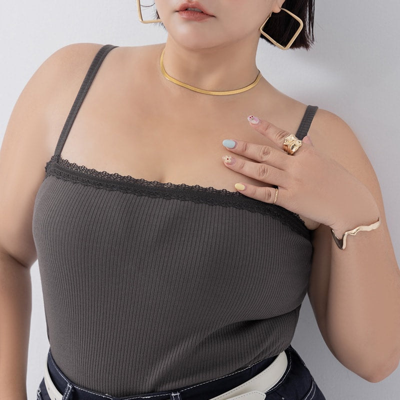 Adjustable Lace Trim Ribbed Plus Size Tank Top