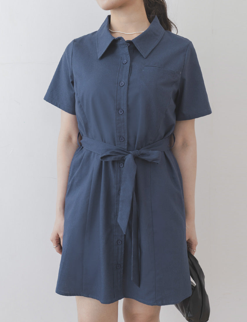 MISS. Korean-Style Button-Front Contrast Stitch Plus Size Dress (with Waist Tie)