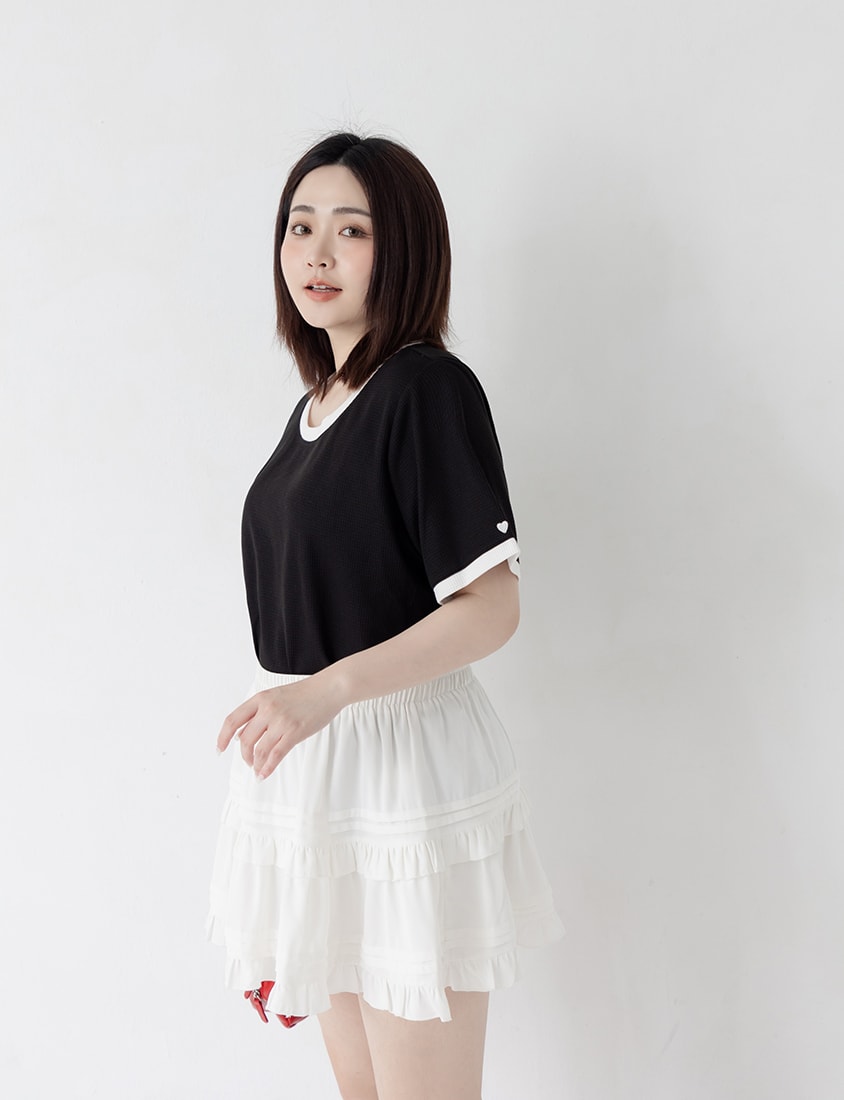 Colorblock Waffle Heart Embroidery Plus Size Top