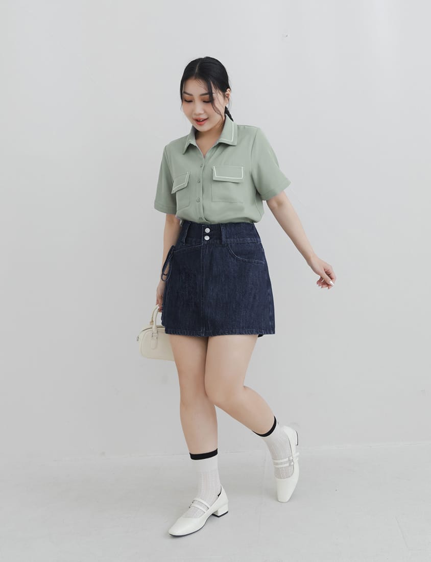 High-Waist Double Button Asymmetric Tie Plus Size Skort